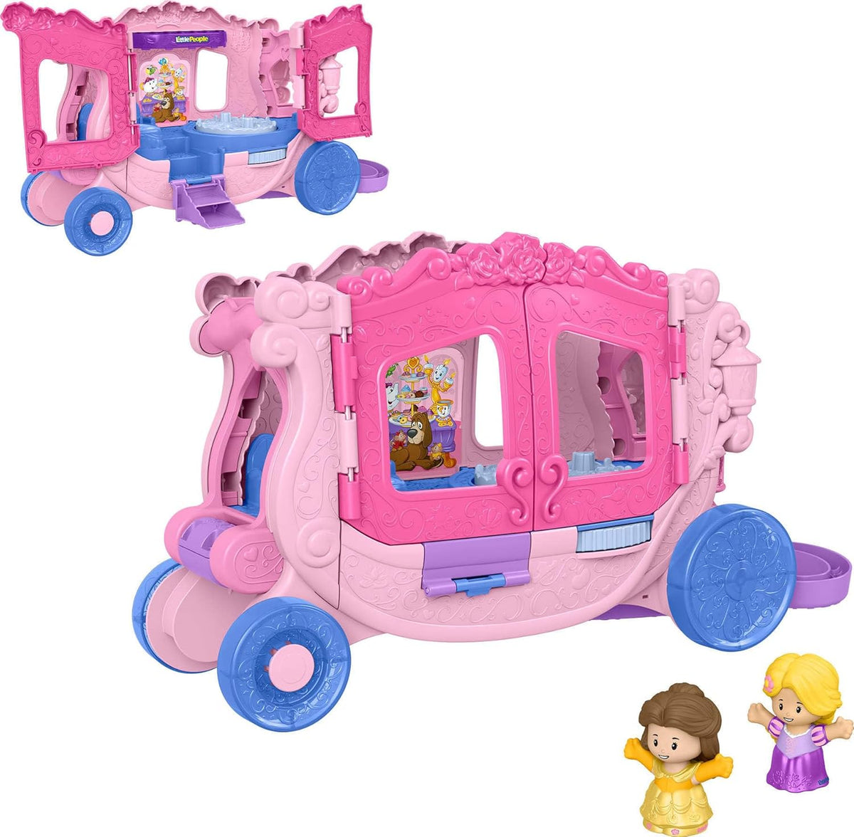 Fisher-Price Little People Juego de juguetes para niños pequeños Disney Princess Carrito musical tirable con figuras para juego de rol para niños de 18+ meses