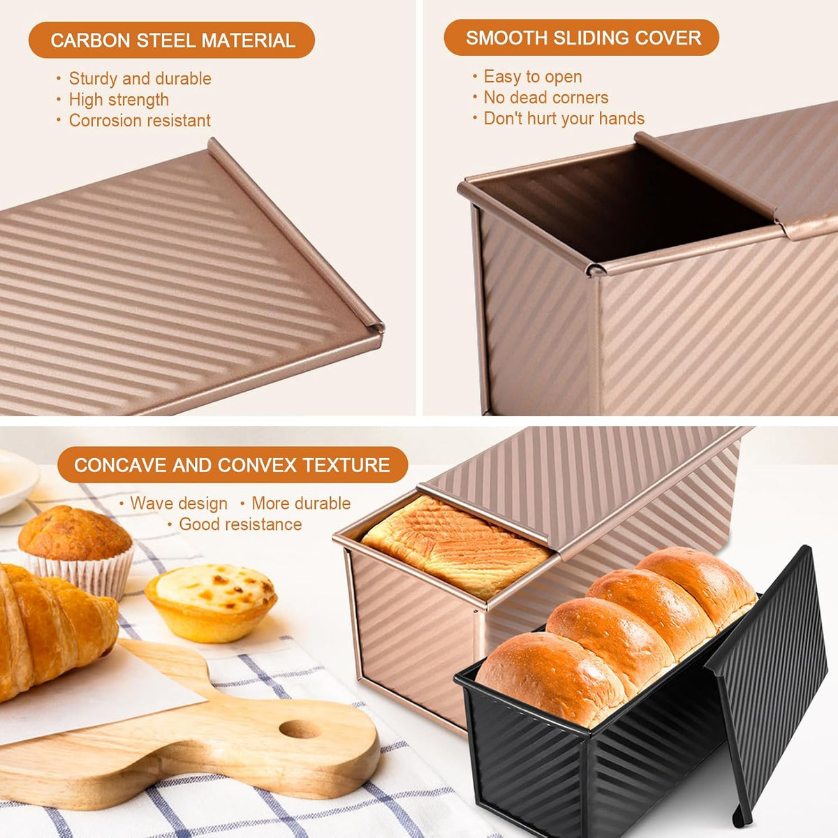 Pullman - Molde para pan con tapa, paquete de 2 unidades de 2.2 libras y 1 libra de capacidad de masa, sartén antiadherente de acero al carbono para pan sándwich y panes de masa madre, molde cuadrado para tostadas con herramientas para hornear, embalaje