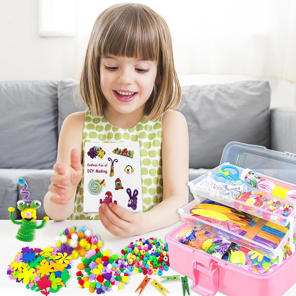 VLUSSO Suministros de artes y manualidades para niños, kits de manualidades, materiales de arte, juego de manualidades para niños con limpiapipas, caja de manualidades, juguetes preescolares en casa