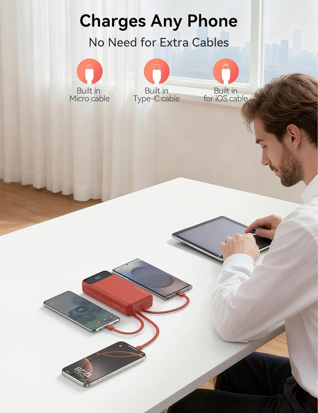 Nusyddy Cargador portátil de 20000 mAh integrado con 4 cables, bate...