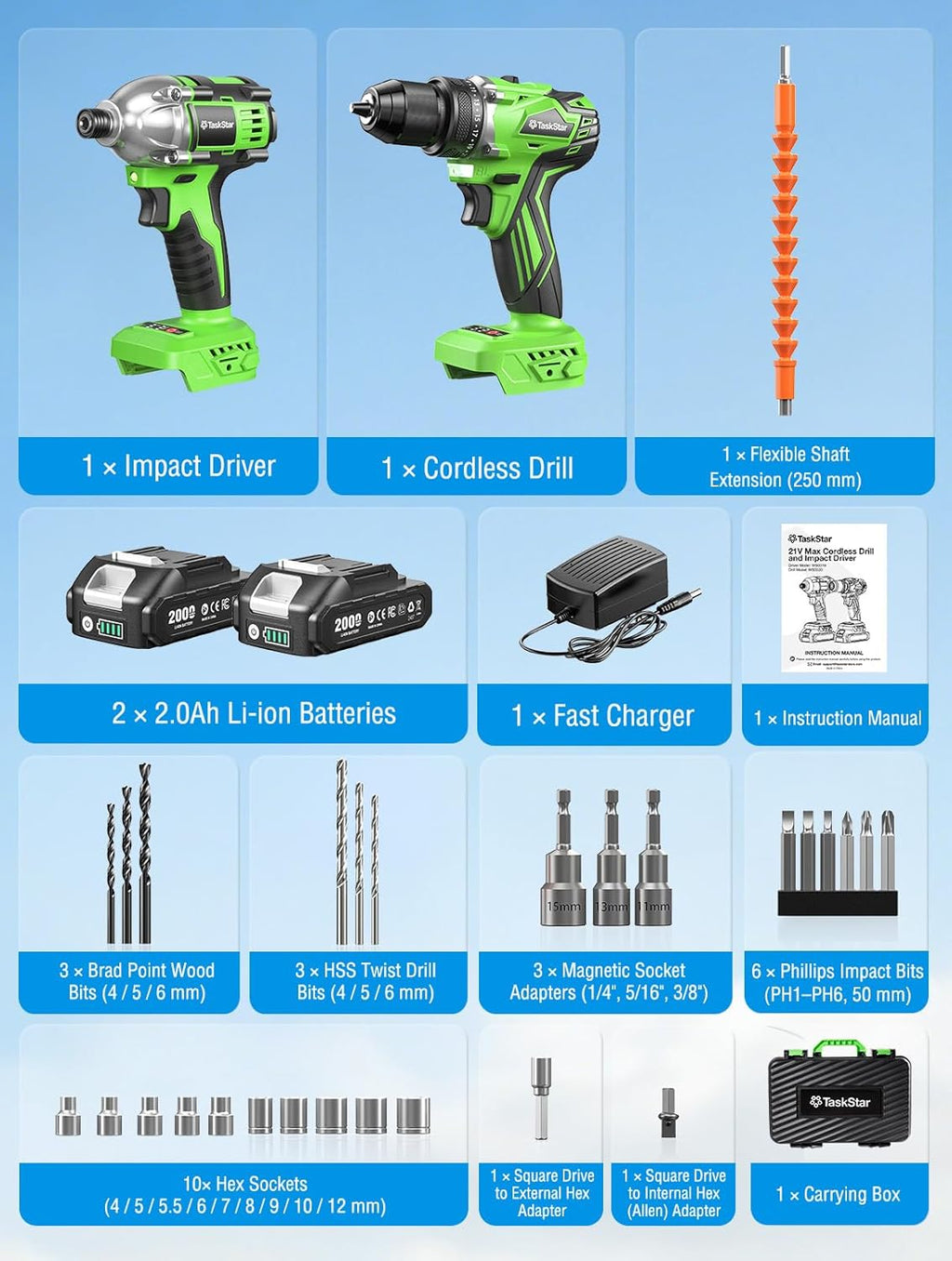 Taskstar Kit combinado de taladro inalámbrico y destornillador de impacto