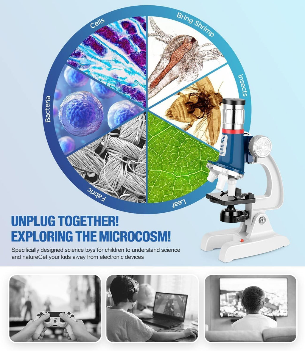 Kit de microscopio para niños de 58 piezas, aumento de 100X-1200X, cuerpo de metal, luz LED, caja de transporte, juguete de experimento científico para niños de 5 a 12 años