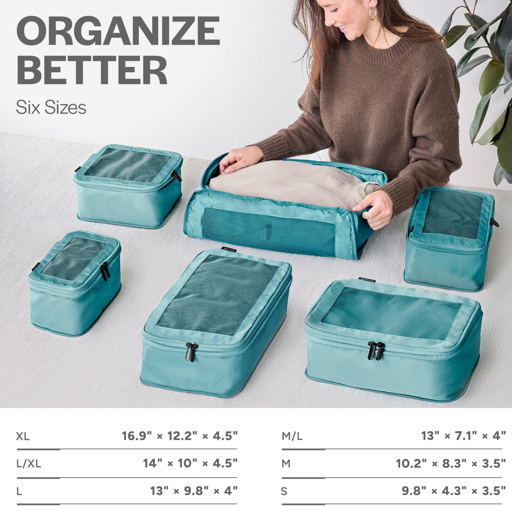 Cubos de embalaje de compresión Aerotrunk para viajes - Bolsas organizadoras de equipaje - Cubos de embalaje de doble cremallera para maletas (paquete de 6, Azul verdoso)