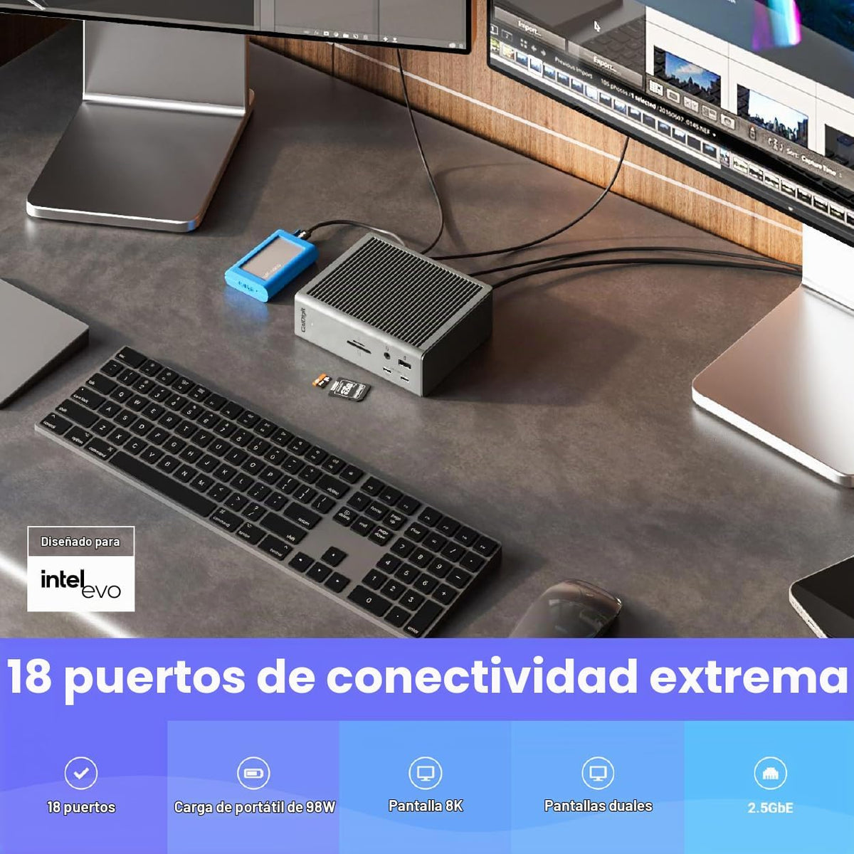 CalDigit TS4 Base Thunderbolt 4 de 18 puertos, carga de 98 W, 3 x TBT4 (40 Gb/s), 3X USB-C + 5X USB-A (10 Gb/s), LAN de 2.5 GbE, 8K a 30 Hz o 2 pantallas de 6K a 60 Hz, Mac/Windows/Chrome, gris espacial, cable certificado de 2.6 ft