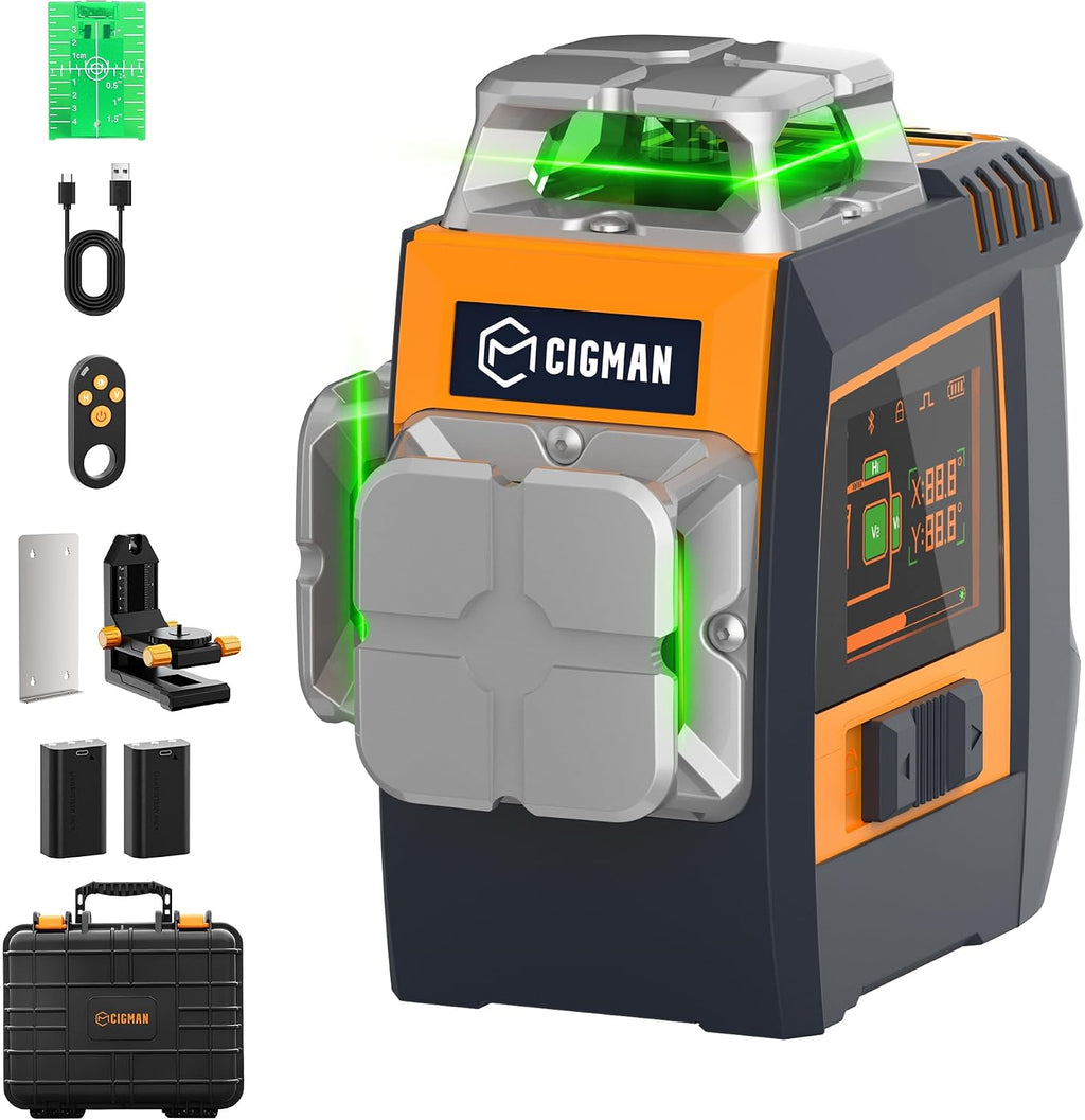 CIGMAN Nivel láser de control de gestos con pantalla lateral, 3 líneas autonivelantes verdes de 360°, línea de gestos manos libres y control de brillo, modo estroboscópico, 2 baterías de iones de