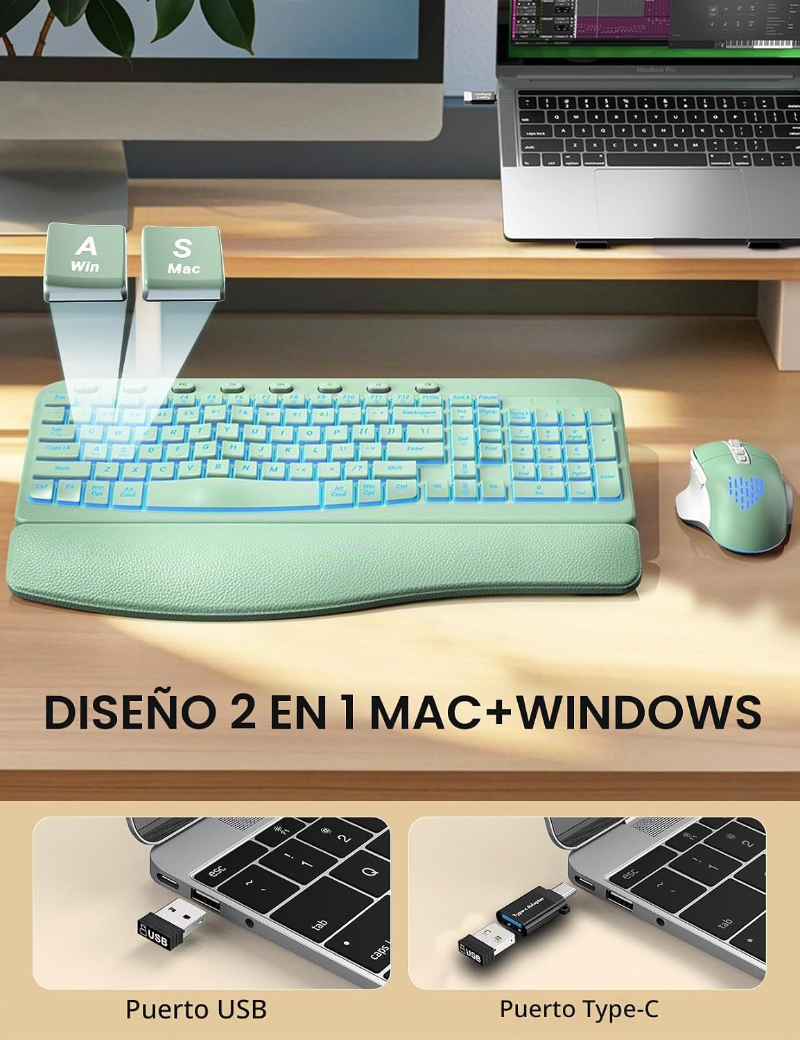 SABLUTE Combo de teclado y mouse inalámbrico ergonómico - Teclado d...