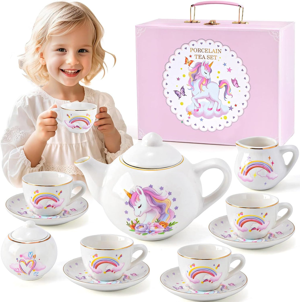 TUZT Juego de fiesta de té de porcelana para niñas pequeñas, juego de té de unicornio de 13 piezas, tetera, taza, platillo y maleta, juego de cocina de juguetes de simulación, regalo de cumpleaños de
