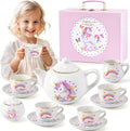 TUZT Juego de fiesta de té de porcelana para niñas pequeñas, juego de té de unicornio de 13 piezas, tetera, taza, platillo y maleta, juego de cocina de juguetes de simulación, regalo de cumpleaños de