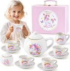 TUZT Juego de fiesta de té de porcelana para niñas pequeñas, juego de té de unicornio de 13 piezas, tetera, taza, platillo y maleta, juego de cocina de juguetes de simulación, regalo de cumpleaños de