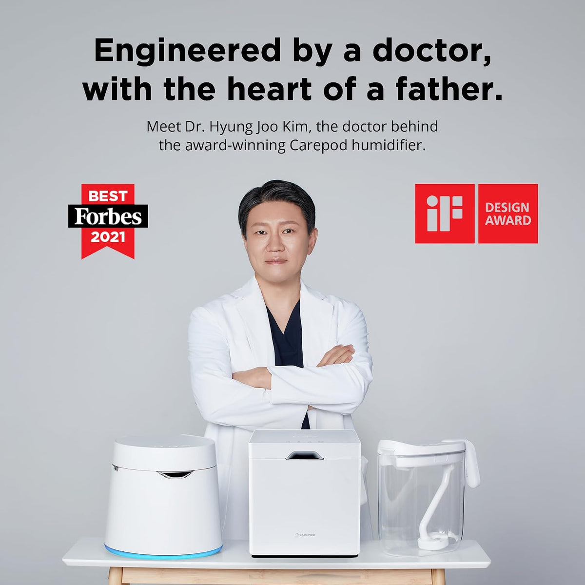 Carepod One Plus con soporte, humidificador de acero inoxidable para habitación grande con luz de estado de ánimo, silencioso y seguro para el bebé, solo 3 piezas lavables, humidificadores
