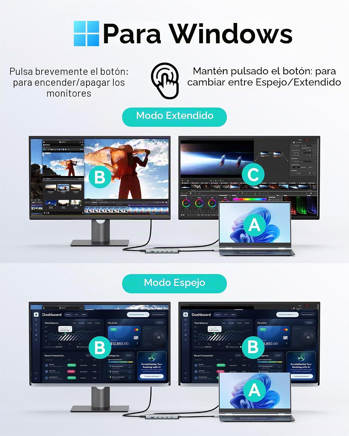 MOKiN Estación de acoplamiento USB C Monitor dual 2 HDMI para portá...