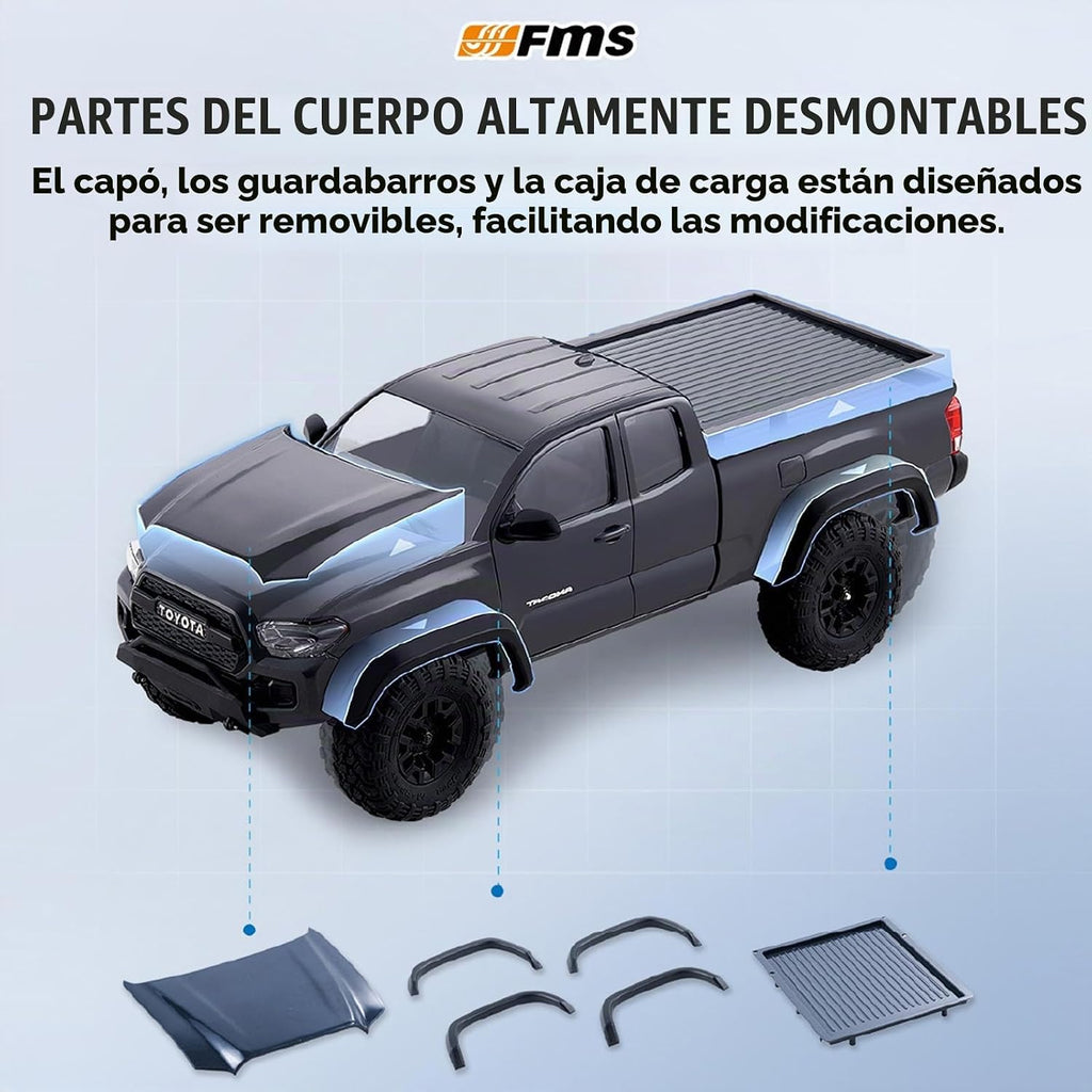 FMS FCX24 TOYOTA TACOMA 1/24 RC Crawler 4x4 RC Truck Crawler, con licencia oficial RC Rock Crawler con transmisión de 2 velocidades, motor de alto par, rodamientos totalmente metálicos, auto RTR RC para adultos (GRAY)