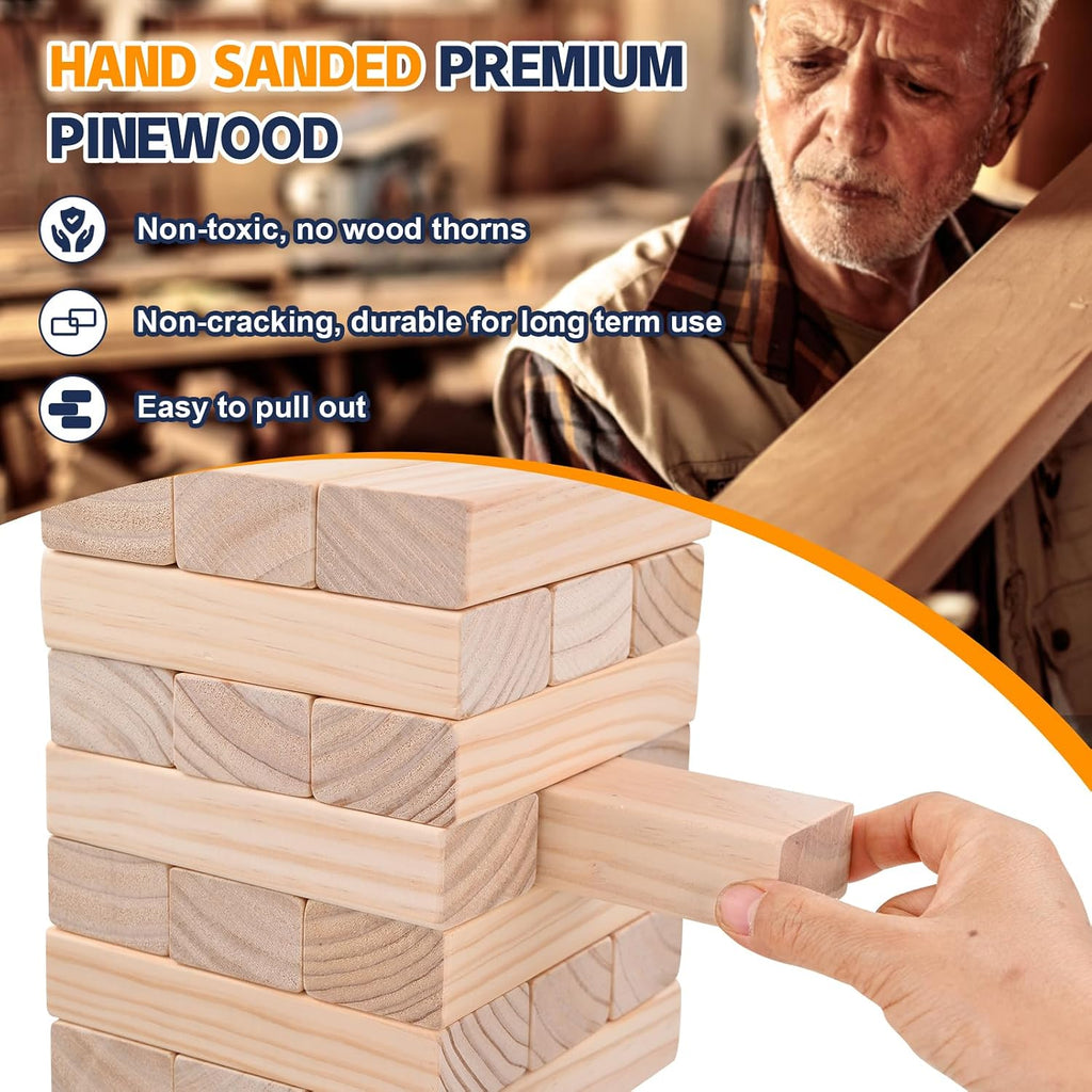 Juegos gigantes de torre de caída para niños y adultos, 57 bloques de madera de pino de Nueva Zelanda apilados a más de 4.2 pies, juegos familiares para interiores y exteriores, juegos de patio