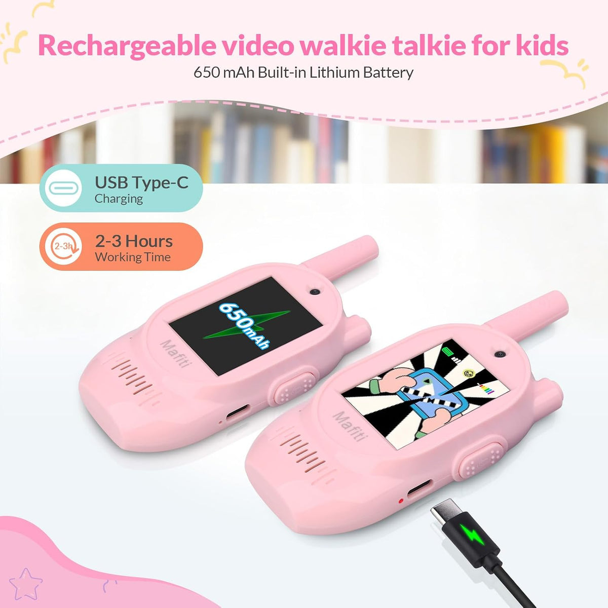 Mafiti Walkie Talkies de video para niños, paquete de 2 juguetes recargables de alcance de 1000 pies para niños de 3, 4, 5, 6, 7, 8 años, regalos de cumpleaños (rosa + rosa)