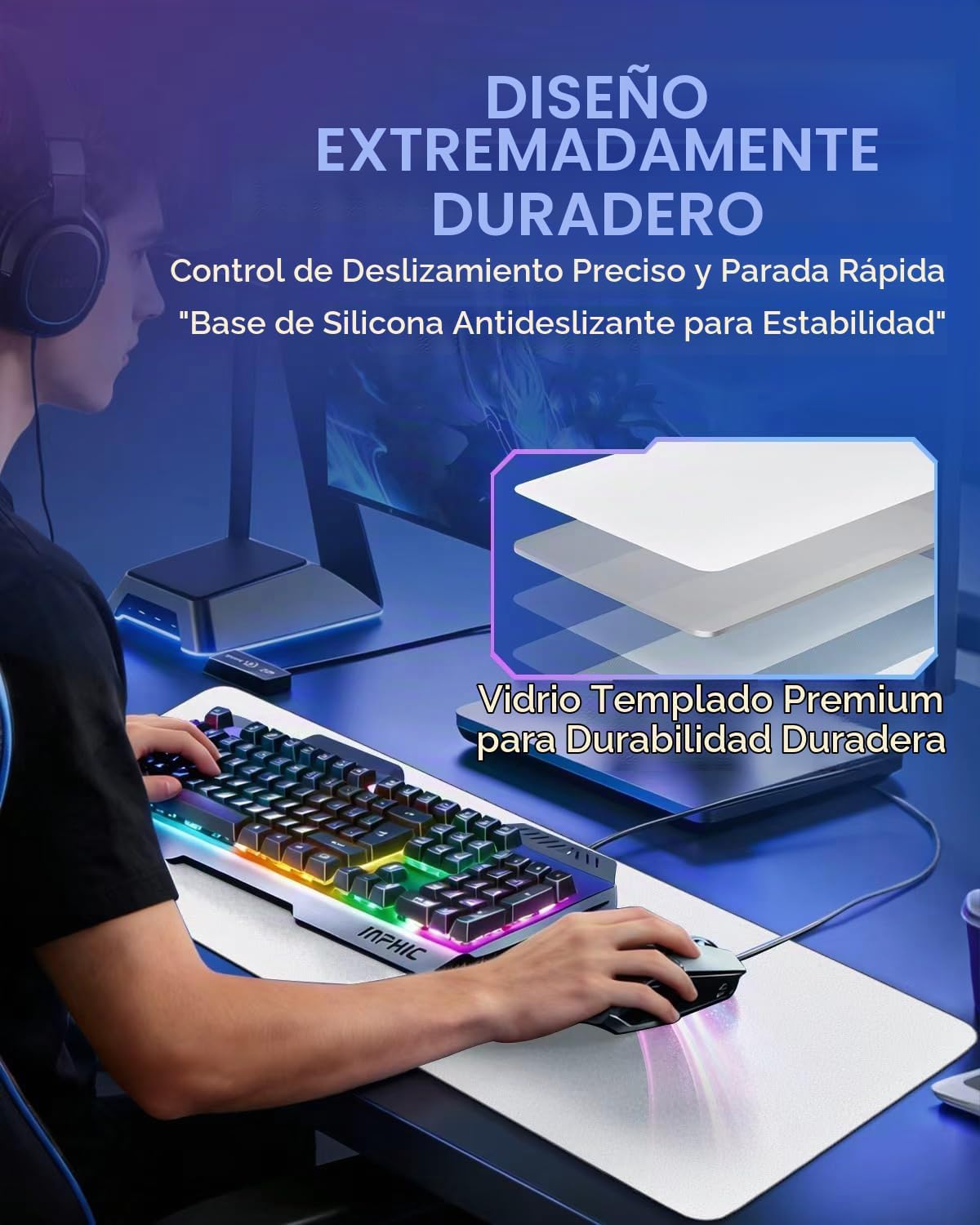 Alfombrilla de mouse grande de vidrio para juegos, alfombrilla de mouse