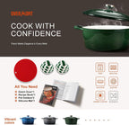 Overmont Horno holandés de hierro fundido esmaltado, olla de 5.5 cuartos de galón con tapa, libro de cocina y agarraderas de algodón, utensilios de cocina resistentes para estofar, guisos, asar