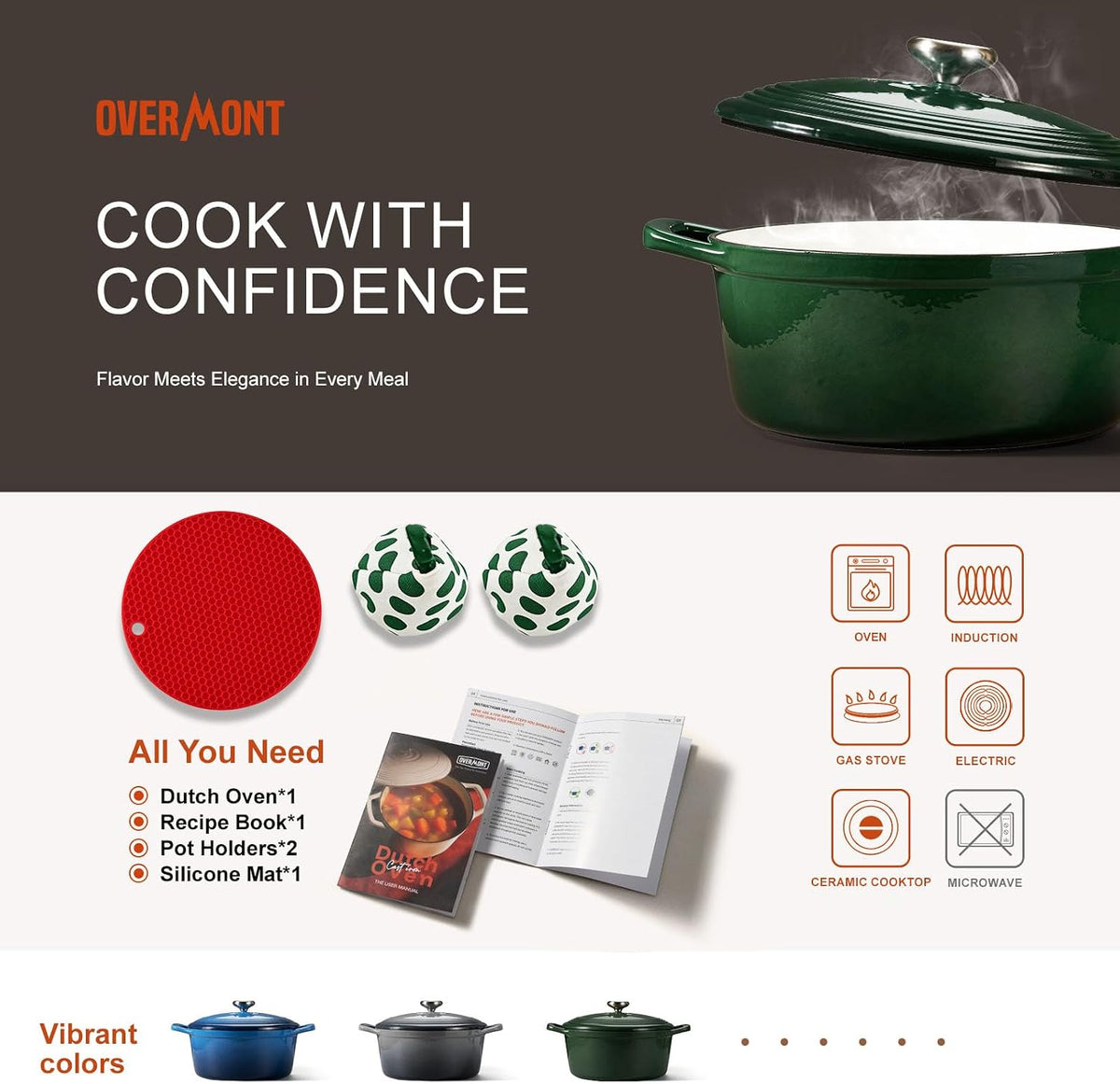 Overmont Horno holandés de hierro fundido esmaltado, olla de 5.5 cuartos de galón con tapa, libro de cocina y agarraderas de algodón, utensilios de cocina resistentes para estofar, guisos, asar
