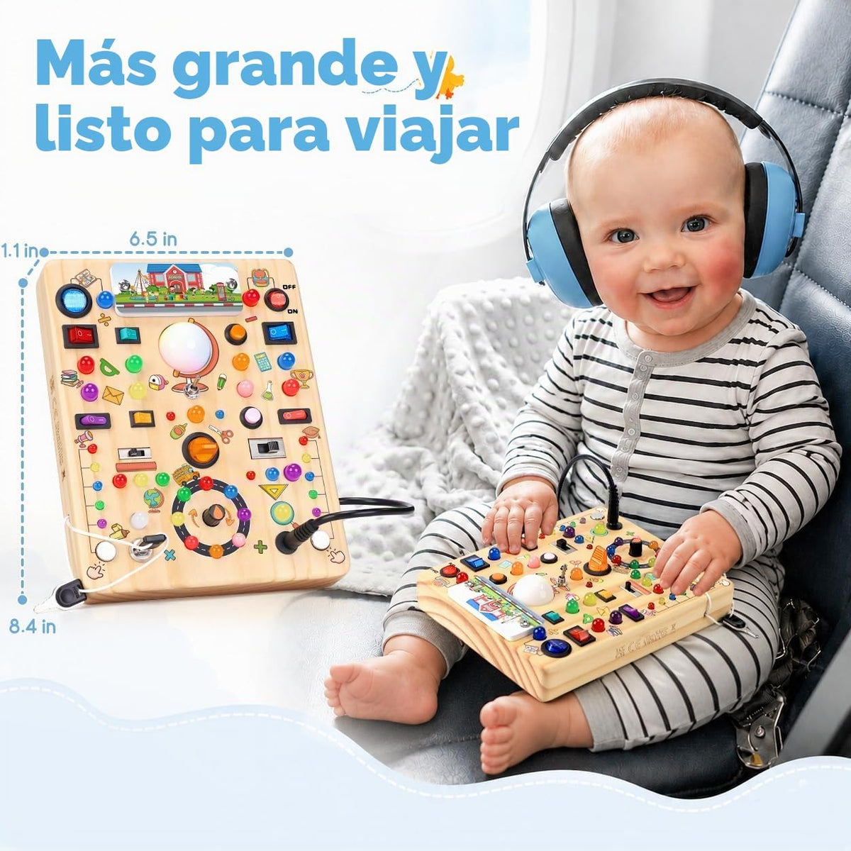 Tablero de actividades con interruptores de luz LED, juguetes Montessori para niños de 1, 2, 3 años, tablero de actividades sensoriales de madera para niños pequeños, juguetes de viaje para niños y