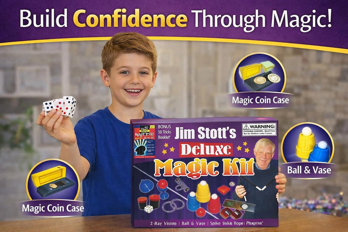 Kit mágico de lujo para niños de 5 a 12 años – Juego mágico de lujo para principiantes con trucos fáciles, instrucciones paso a paso y accesorios clásicos | Regalo divertido para niños y niñas | Jim