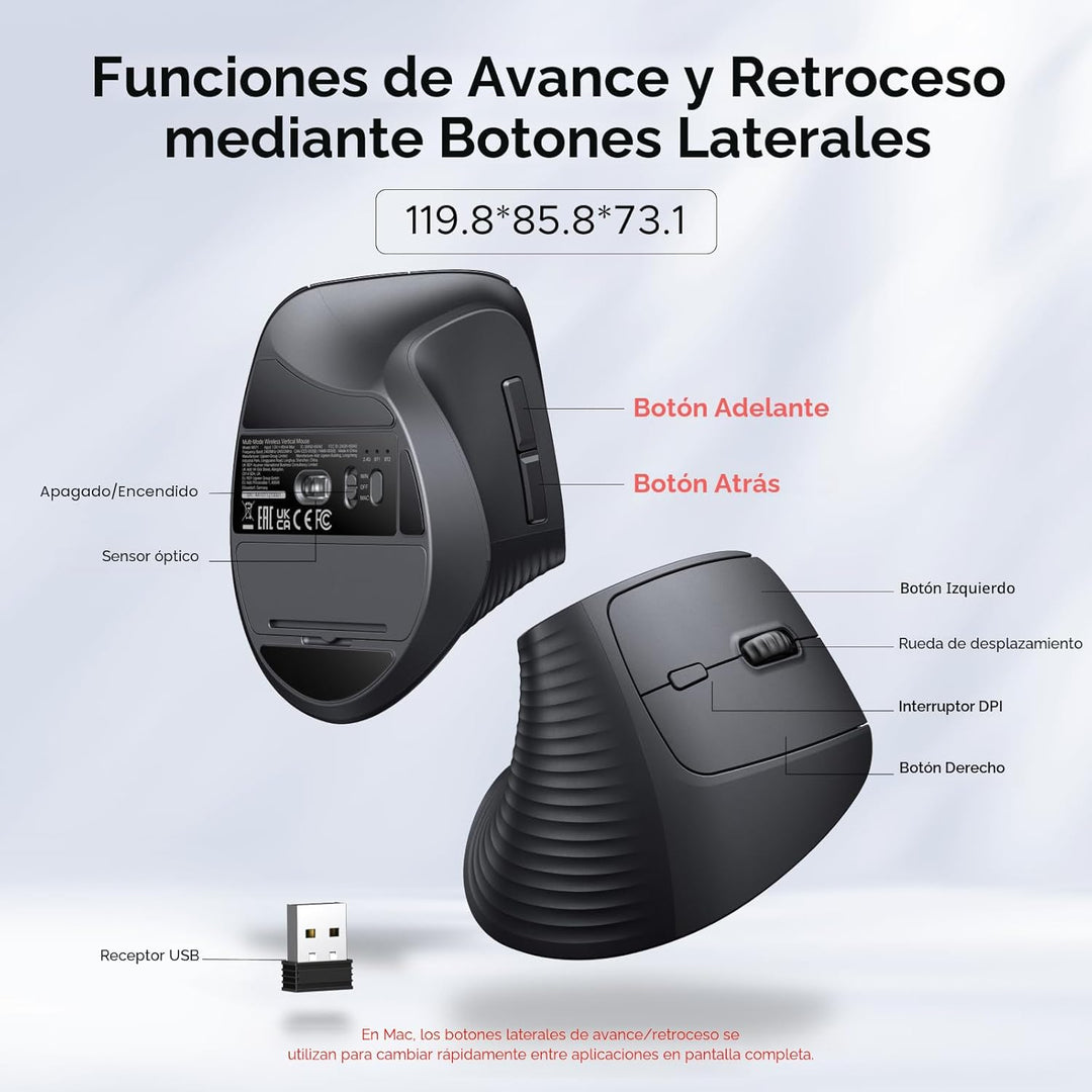 UGREEN Ratón vertical, mouse ergonómico inalámbrico Bluetooth, modo...