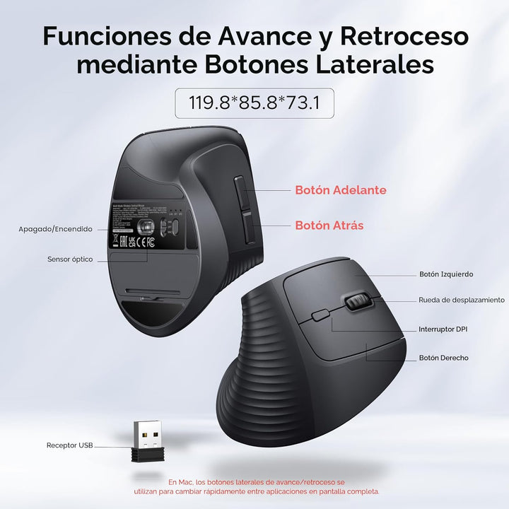 UGREEN Ratón vertical, mouse ergonómico inalámbrico Bluetooth, modo...