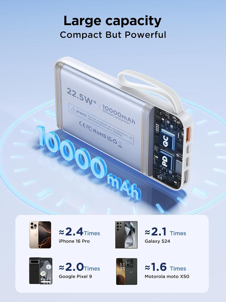 Banco de energía, cargador portátil con cable integrado de 22.5 W,...
