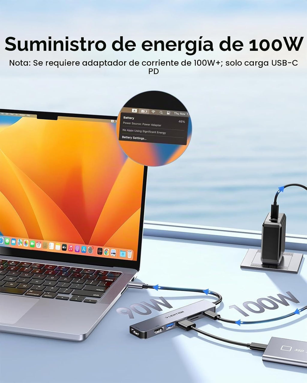 LENTION Hub HDMI dual MST USB C, 4K @60Hz, 100W PD, 2 USB 3.0, lector de