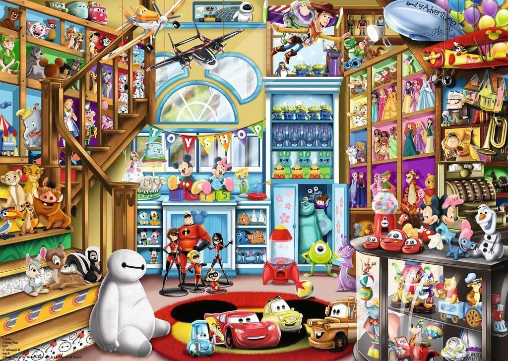 Ravensburger - Disney & Pixar - Rompecabezas de 1000 piezas - Impresionantes y vívidas imágenes de los favoritos Mickey Mouse, Olaf y más - Escena de la tienda de juguetes - Regalo ideal - Arte