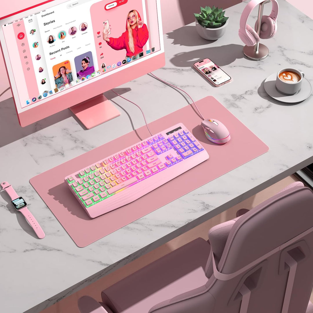 yesbeaut Teclado cremoso rosa, retroiluminación LED arcoíris, tecla...