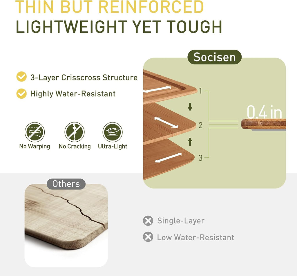 Tabla de cortar de bambú ligera y duradera con pies antideslizantes, tabla de cortar de madera no tóxica para cocina, resistente al calor, tabla de cortar y charcutería con ranura para jugos, esenciales de cocina para carne