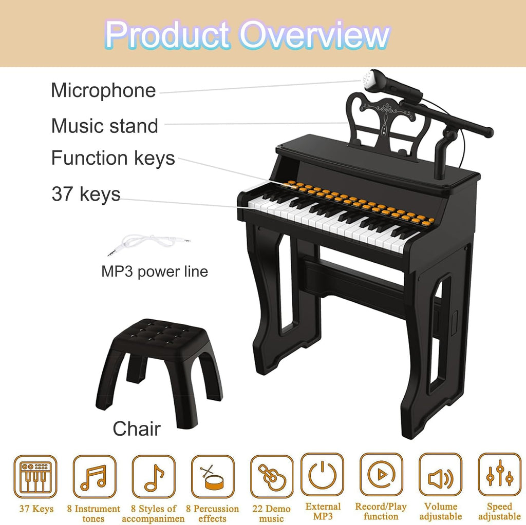 Teclado de piano para niños, teclado musical eléctrico de 37 teclas con micrófono, soporte y taburete, juguetes de piano para principiantes de 3, 4, 5, 6 años, regalo de cumpleaños para niñas y niños