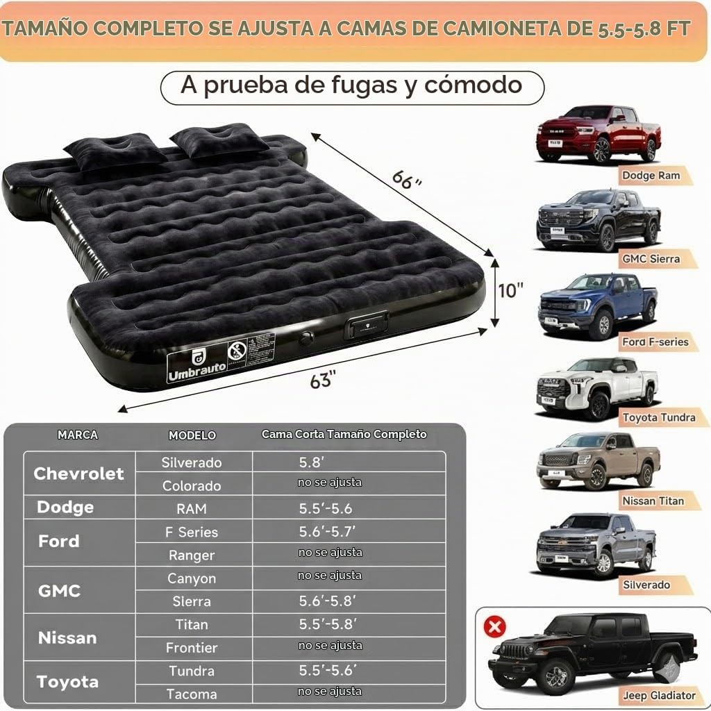 Umbrauto - Colchón de aire con bomba incorporada para cama de camión de tamaño completo corto de 5.5-5.8 pies, colchón de aire inflable para acampar con bomba recargable inalámbrica para tienda de