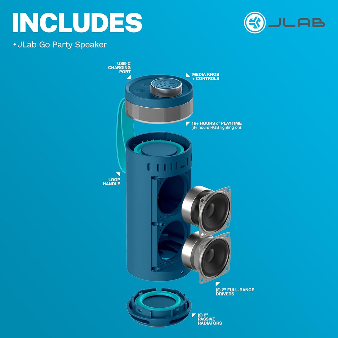 JLab, Go Party, altavoz Bluetooth portátil, LED RGB impermeable, az...