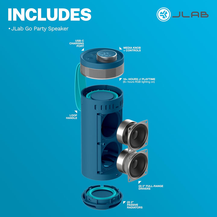 JLab, Go Party, altavoz Bluetooth portátil, LED RGB impermeable, az...