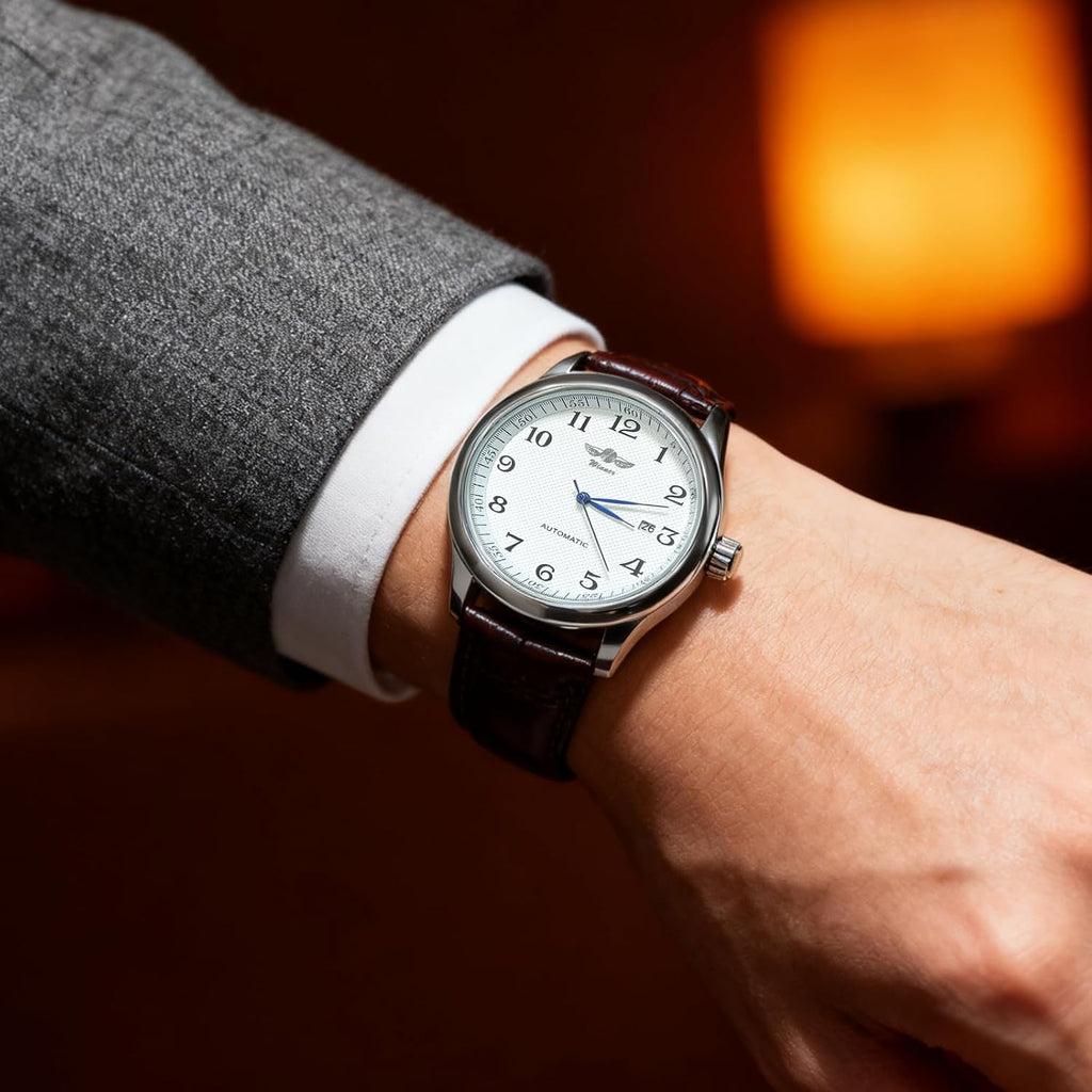 Gute Reloj para hombre, esqueleto mecánico, steampunk, automático, automático, números arábigos, manos azules, marrón, cuero sintético, reloj de pulsera, Marrón, Mecánico, Automático