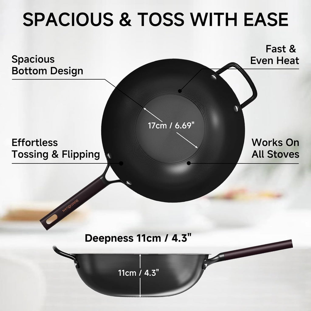 Wok de acero al carbono pre-sazonado de 13.5" con tapa