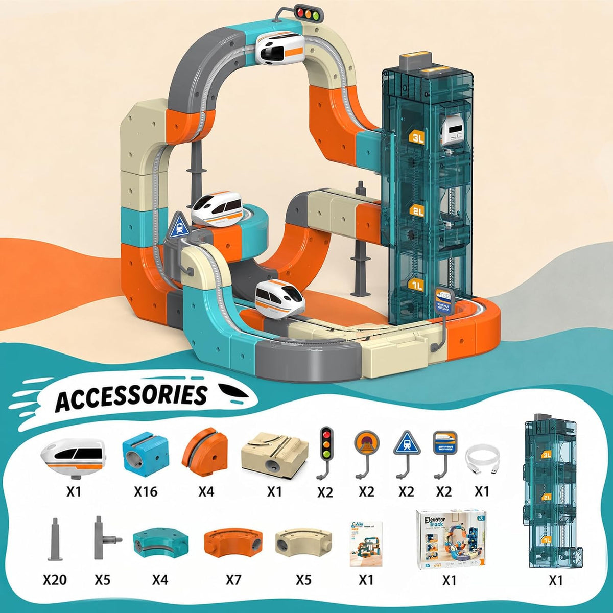 Juego de tren eléctrico de 75 piezas para niños con elevador automático e