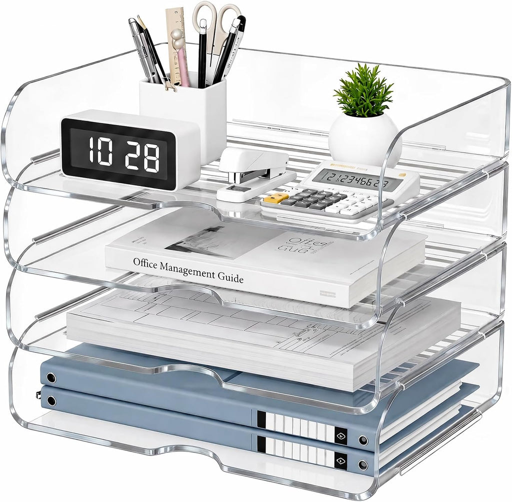 Organizador de escritorio de oficina transparente para papel de letras A4, horizontal de 4 niveles