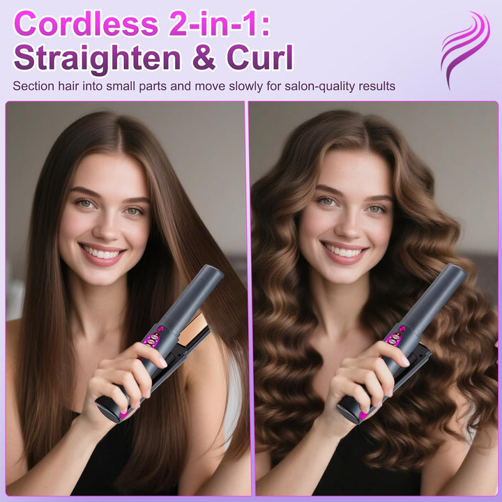 Cordless Hair Straightener Curler, 2-in-1 Portable Travel Mini Flat...