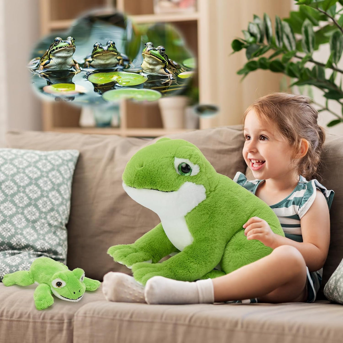 MorisMos Animal de peluche de rana verde de 15.7 pulgadas con 3 bebés, juego familiar de felpa de rana de peluche suave, lindo juguete de rana para juego imaginativo y acurrucarse a la hora de dormir