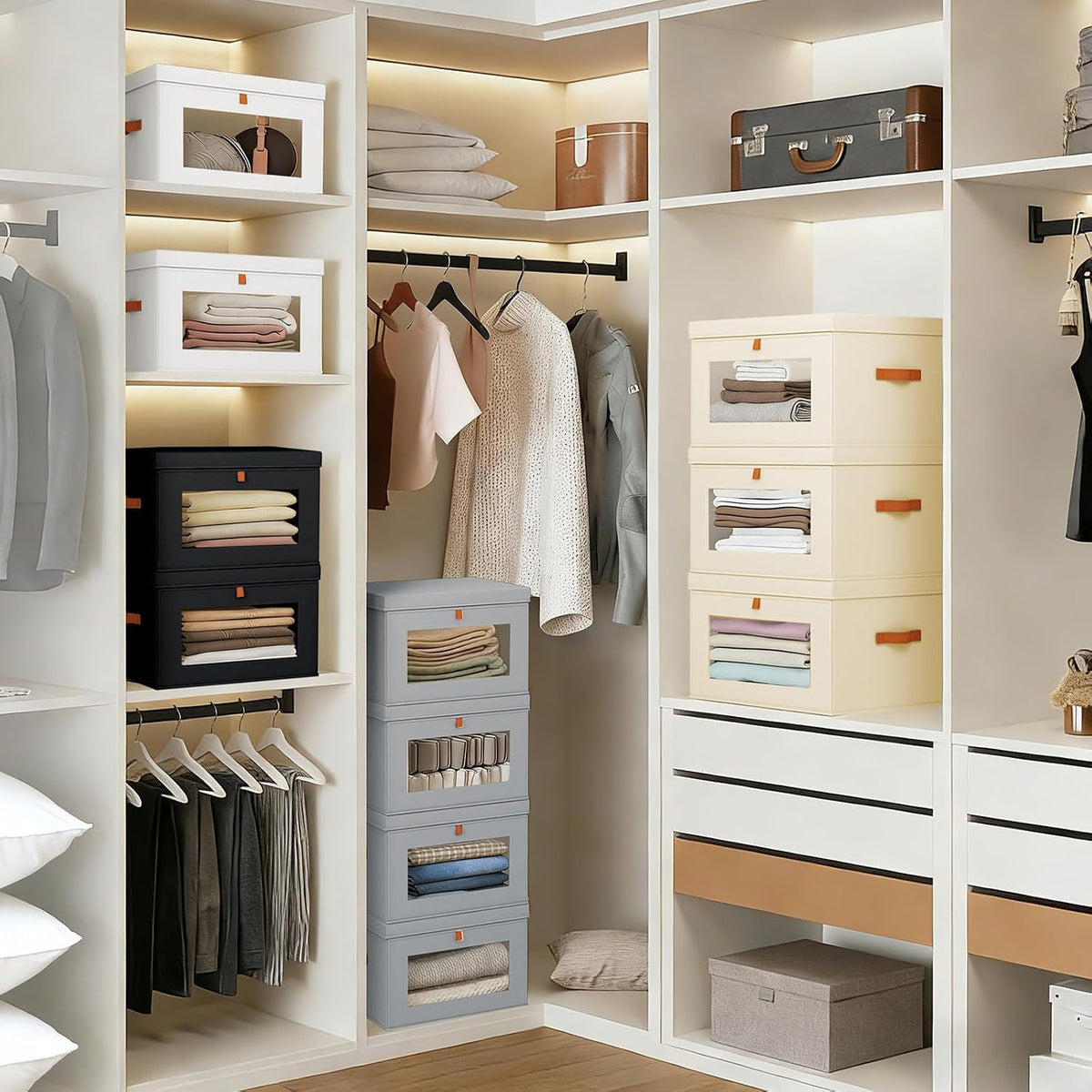 DIMJ - Juego de 6 contenedores de almacenamiento con tapas, gran organizador de armario de tela con ventana y asas, cajas de almacenamiento decorativas plegables para estantes debajo de la cama