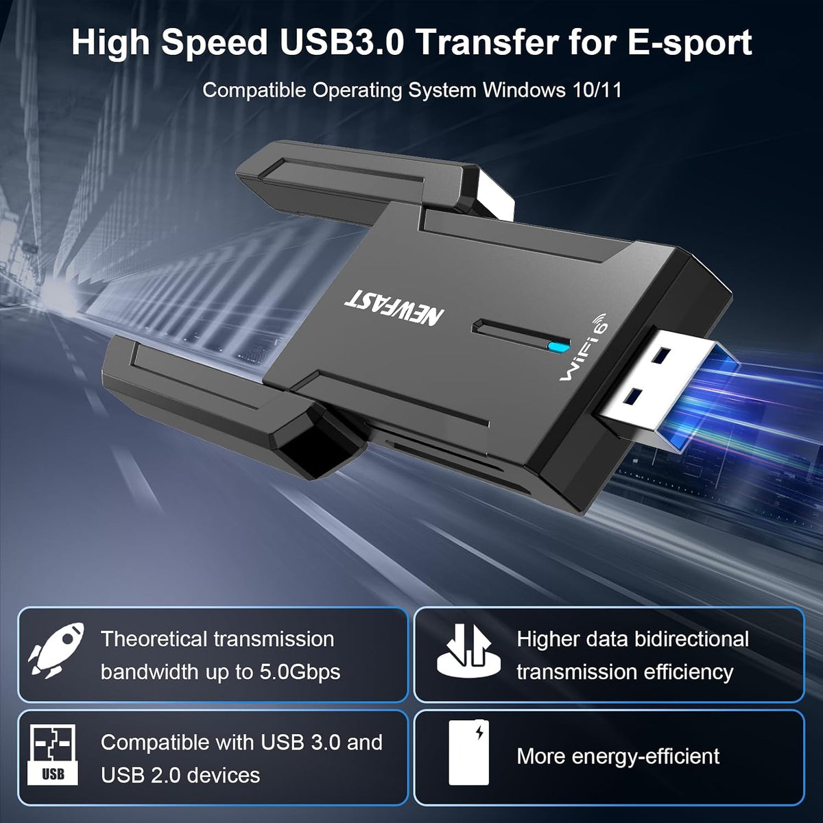 NEWFAST AX5400 Adaptador USB WiFi 6 para PC de escritorio Tri-Band USB 3.0