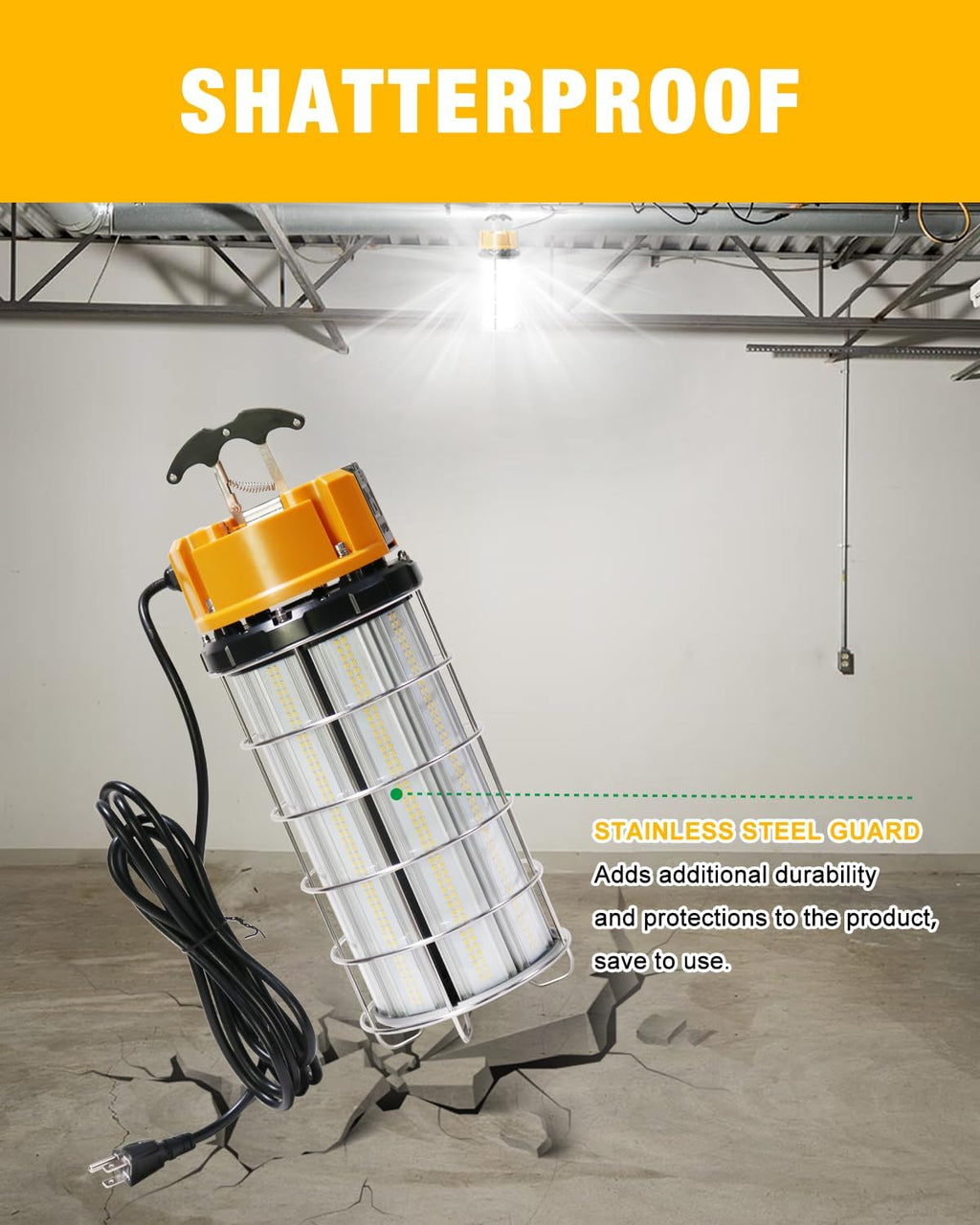 Lámpara Luz de Trabajo Temporal LED 250W, Luces de Construcción 5000K 30,000lm Iluminación para Sitio de Trabajo al Aire Libre de 3.05m de Cable IP65 Resistente al Polvo Iluminación Colgante