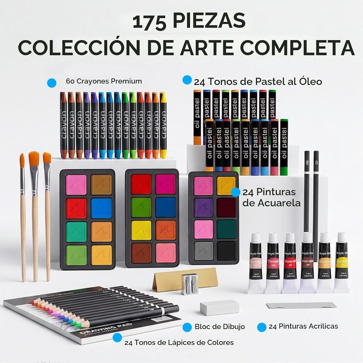 Juego de 175 piezas de arte de madera de lujo con 2 almohadillas de dibujo, pinturas acrílicas, lápices de colores, lápices de colores, pincel, kit de arte en estuche de madera, regalo para artistas