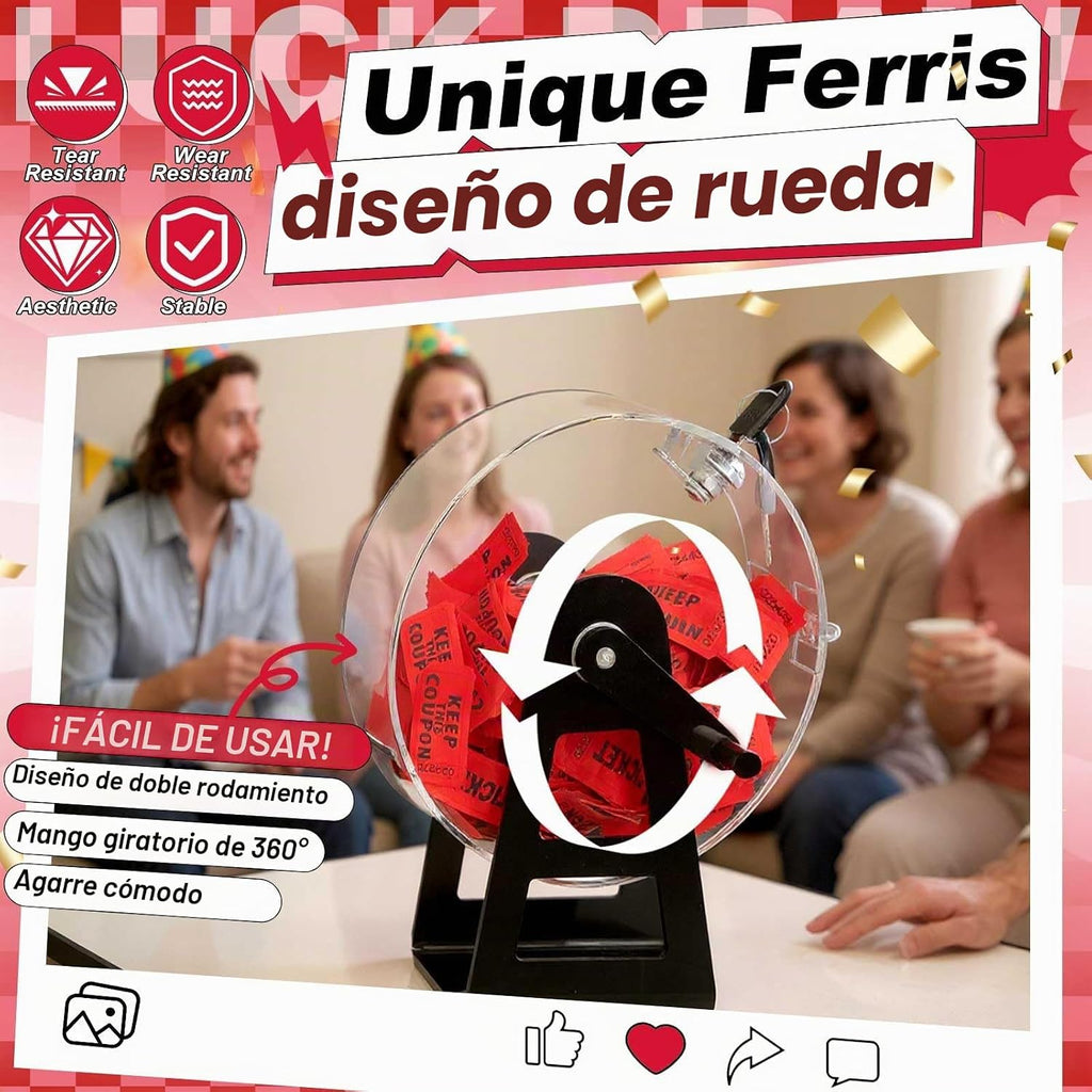 Leinuosen Tambor de rifa de acrílico, 9.1 x 4 x 7 pulgadas, jaula giratoria transparente con mano agitadora, caja giratoria de boletos transparente para juegos de sorteo de premios, bolas (rueda de fortuna)