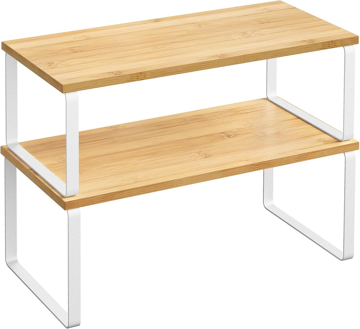 SONGMICS Estante Organizador de Gabinete, Juego de 2 Estantes de Encimera de Cocina, Almacenamiento de Cocina, Estante de Especias, Apilable, Expandible, Metal y Madera Diseñada, Blanco Nube y Beige