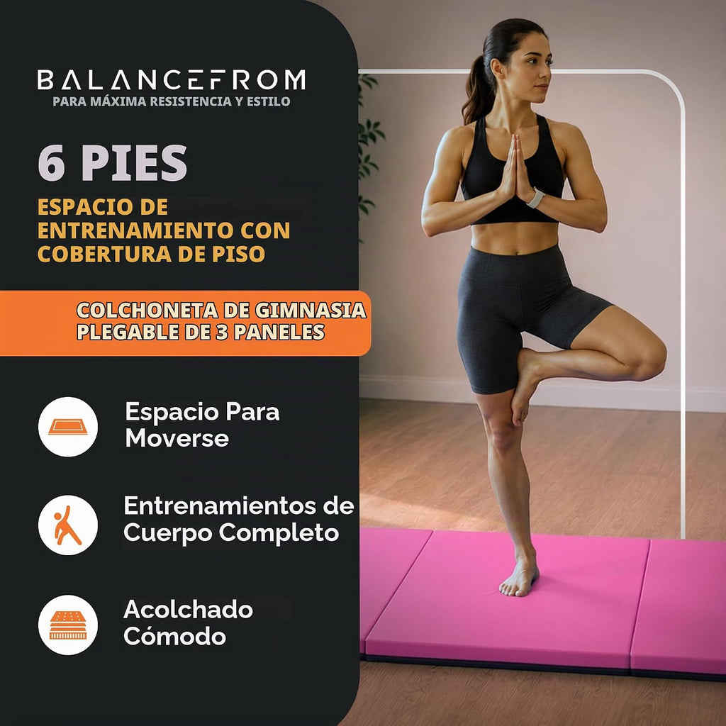 BalanceFrom Colchoneta de Gimnasia Plegable de 3 Paneles de 6 x 2 Pies – Almohadilla de 2 Pulgadas de Grosor con Superficie de Vinilo y Asas de Transporte para Tumbling, Yoga, Pilates, Entrenamientos