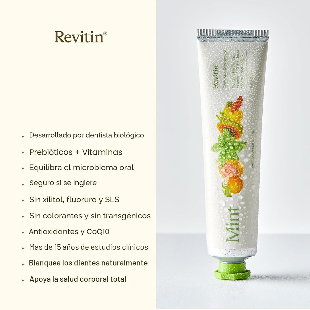 Revitin Pasta dental prebiótica sin flúor, 3.4 onzas, sin SLS, sin...
