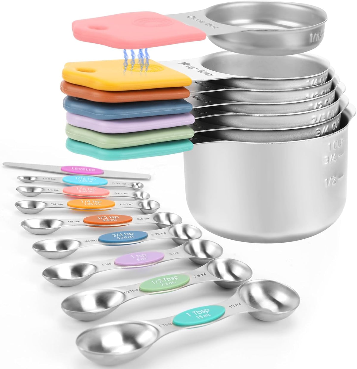 Juego de tazas y cucharas medidoras magnéticas - Acero inoxidable 304 de alta resistencia, marcas de medición dobles, juego de 16 con nivelador para medir ingredientes secos y líquidos