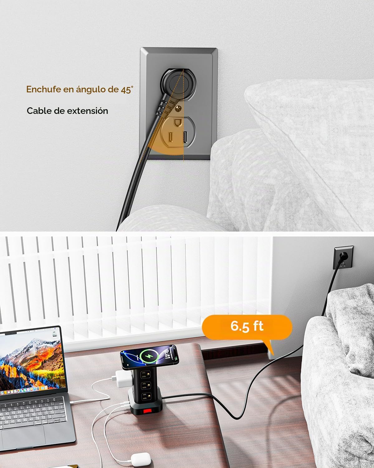 Regleta de alimentación con 12 tomas, 4 USB (1 USB C), cable de extensión de 6.5 pies con múltiples tomas, estación de carga, torre de regleta de alimentación, suministros de escritorio de oficina en